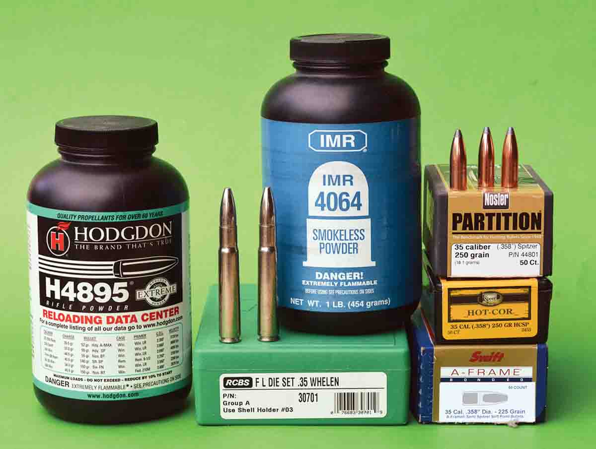 Hodgdon H-4895 and IMR-4064 powders are top choices for handloading the 35 Whelen with Swift A-Frame 225-grain bullets and 250-grain bullets from Nosler and Speer.